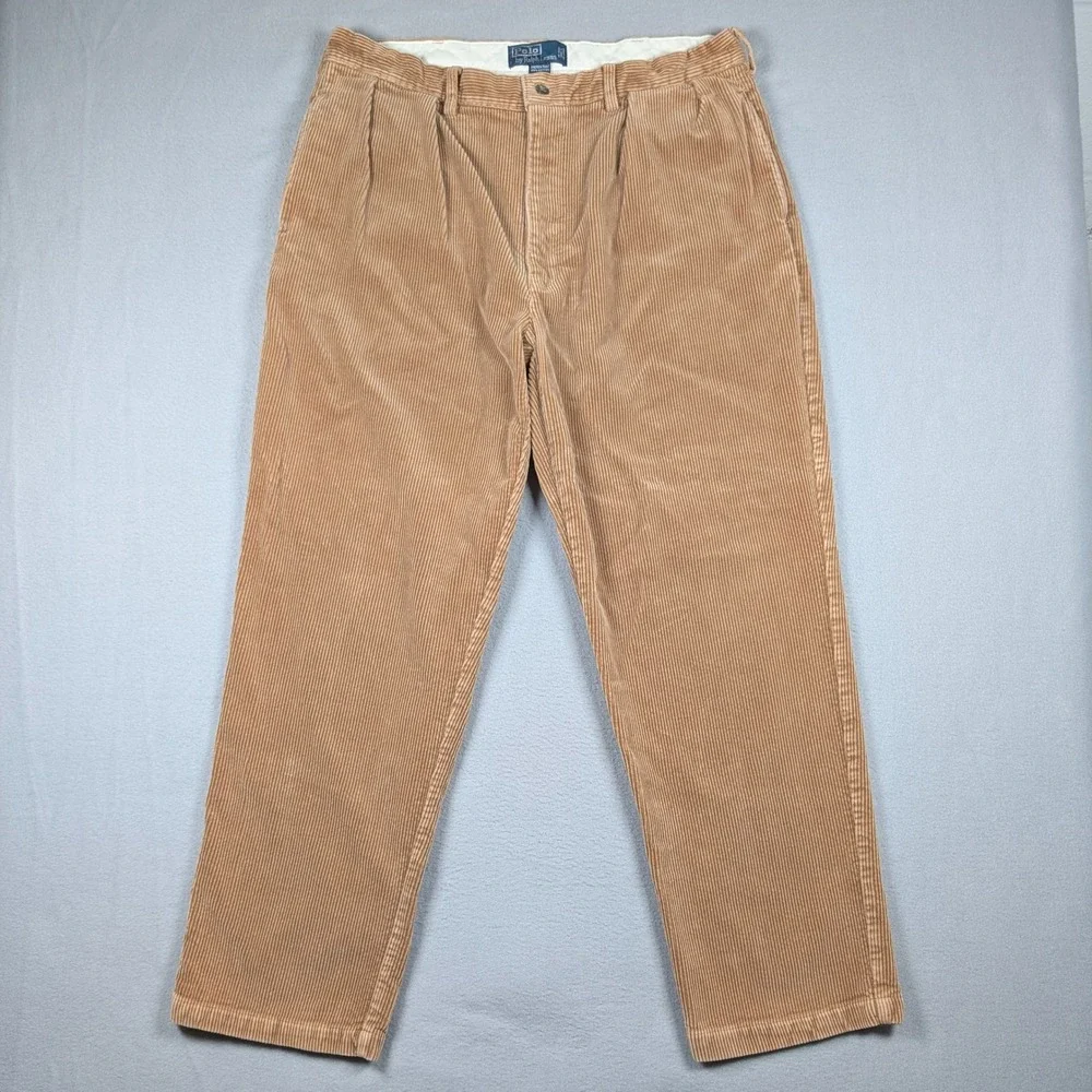 Vintage‎ Polo Ralph Lauren Andrew Pants Men 38x32 Tan Corduroy Pleated Trousers